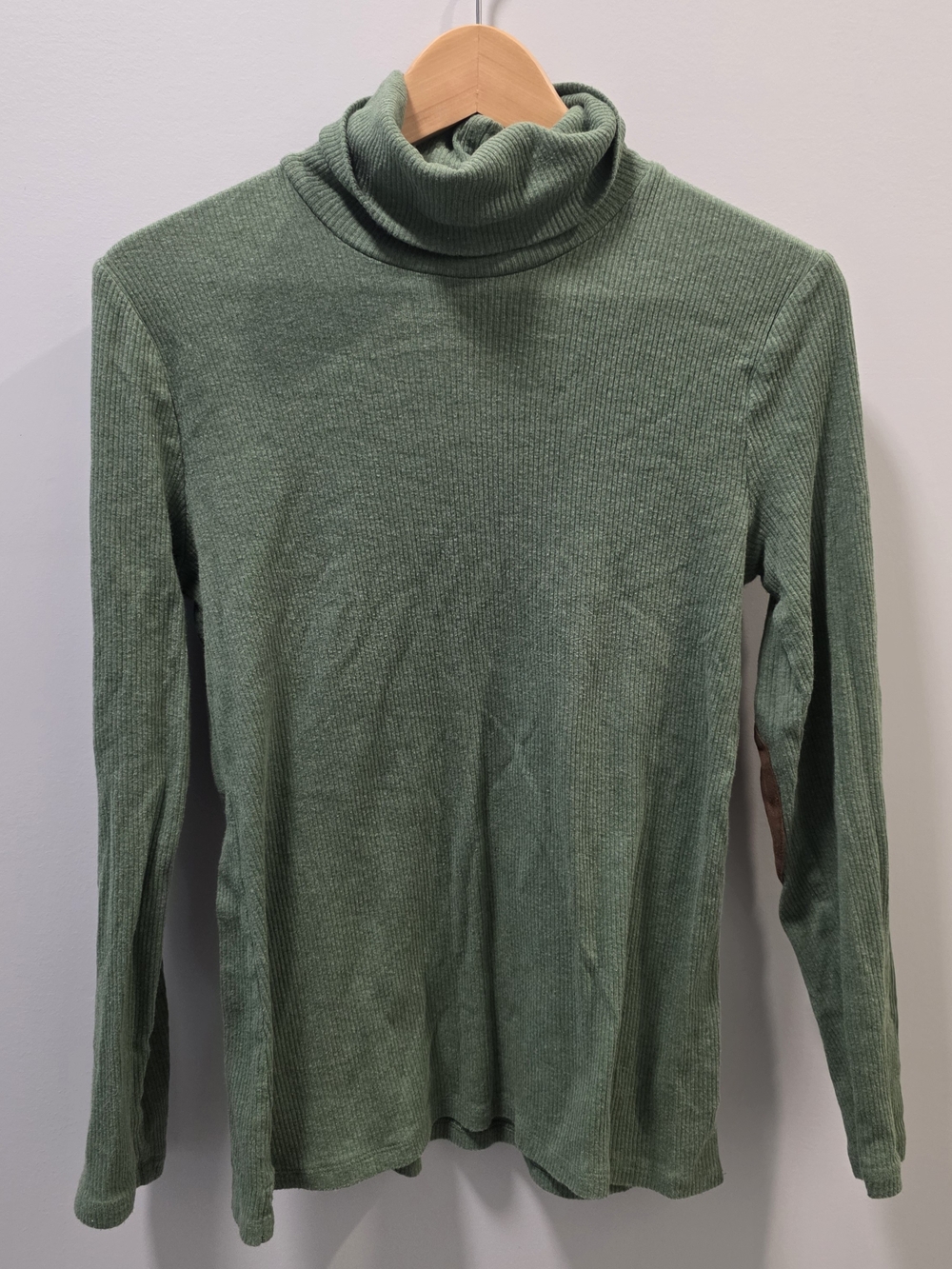 Lauren Ralph Lauren Green Ribbed Turtleneck Top Brown Elbow Patches Size L